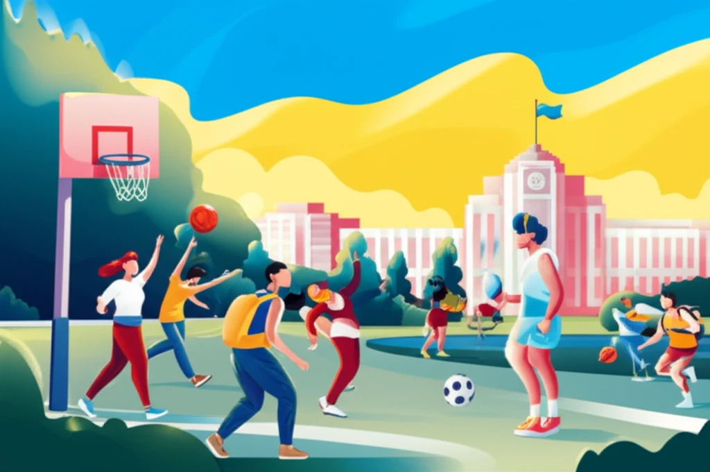 Surreal illustration of Ukrainian students engaging in diverse physical activities.