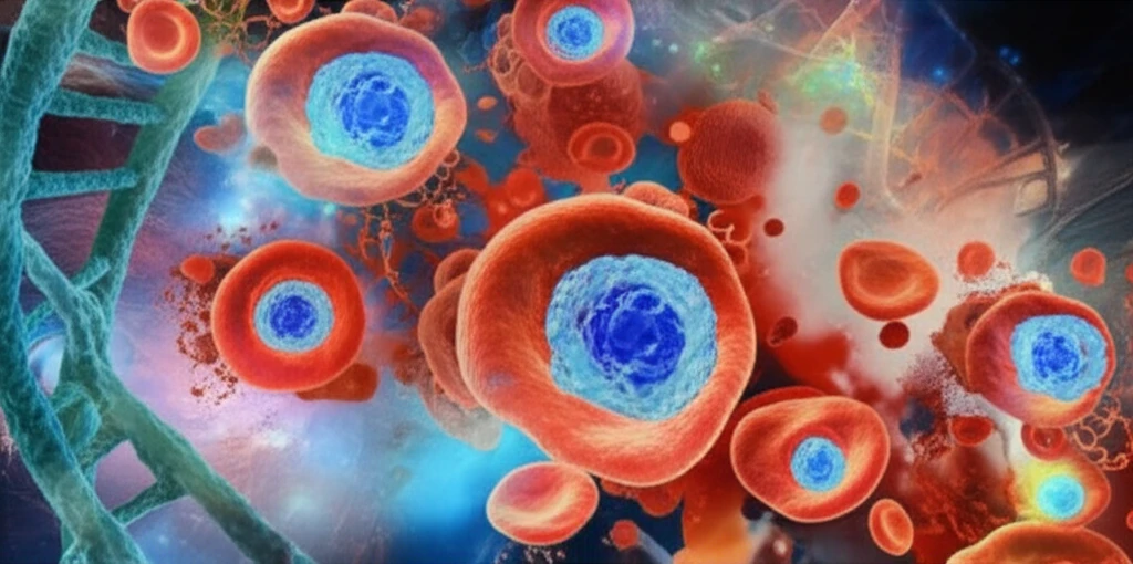 Abstract art depicting microscopic blood cells and DNA, symbolizing AML research.