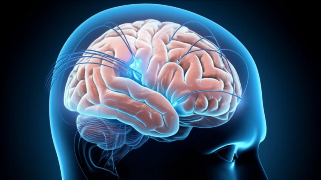 Stylized brain with fiber optic cables emitting blue light on areas of pain perception.