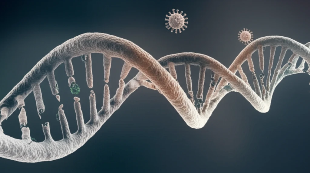 DNA intertwined with viral symbols, representing retroviral influence on evolution.