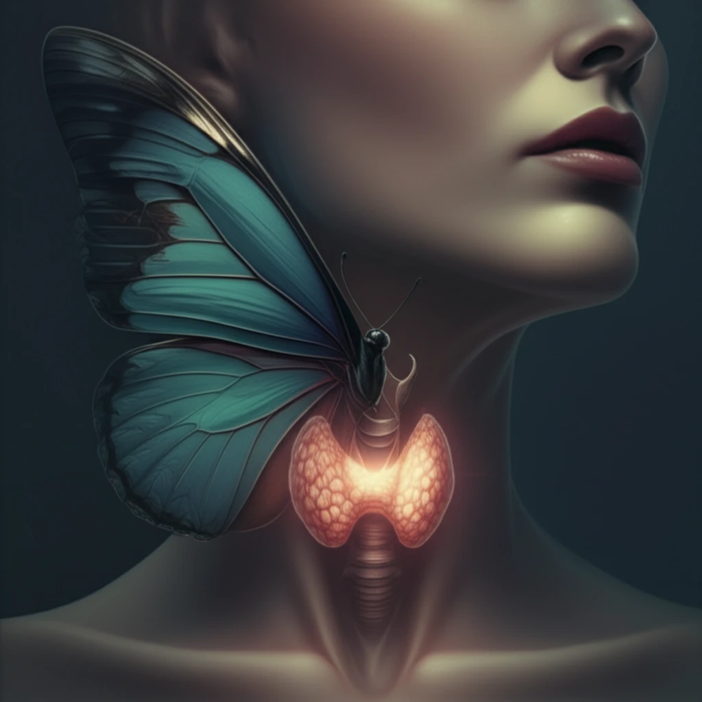 Surreal illustration of a butterfly with one wing over a neck, symbolizing thyroid hemiagenesis.