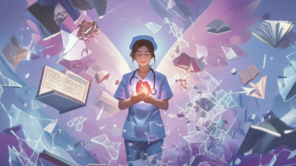 A surreal illustration representing a nurse's journey through knowledge, vulnerability, and empowerment in HIV/AIDS care.