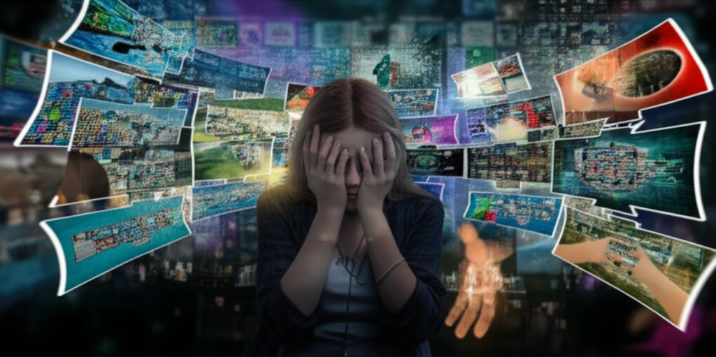 Digital illustration of a person overwhelmed by screens representing video games, symbolizing the challenges of gaming disorder.
