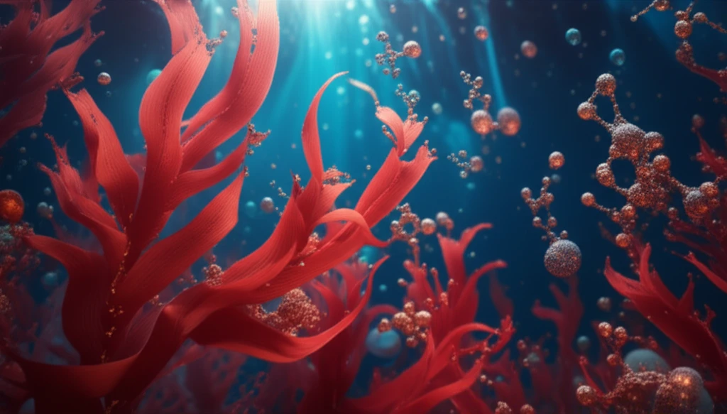 Vibrant underwater scene featuring glowing red laver seaweed, shimmering mineral particles, and abstract amino acid structures.