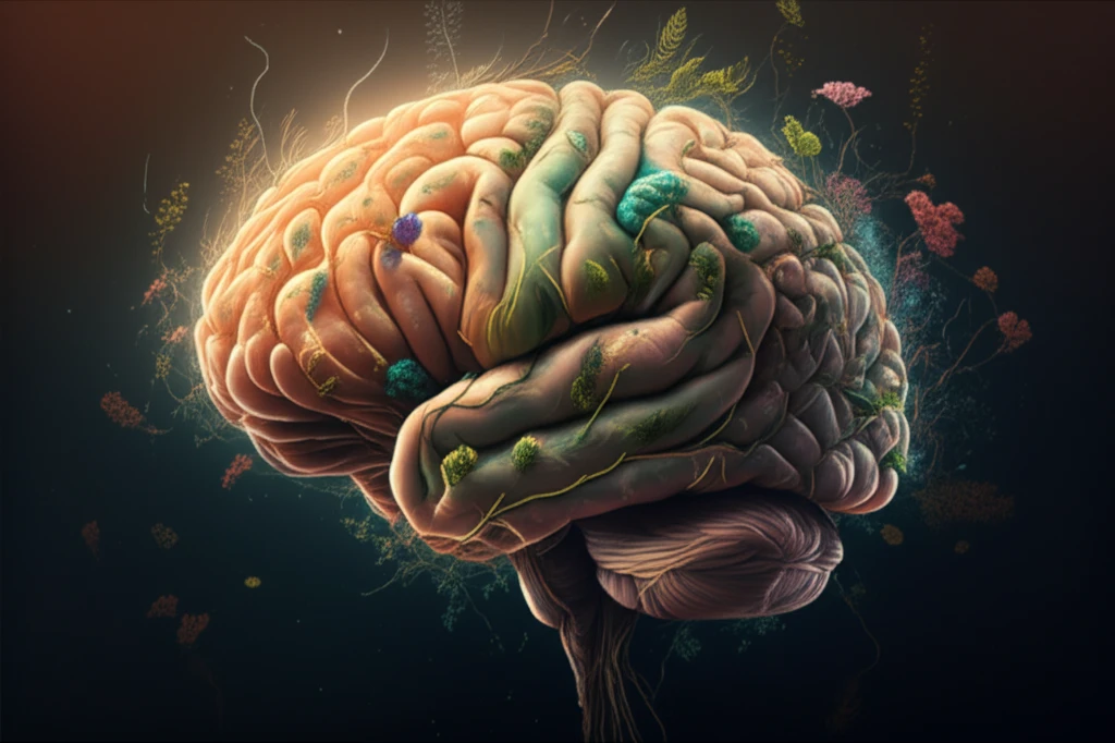 Brain intertwined with vines and herbs, symbolizing nature's healing power for Alzheimer's disease.