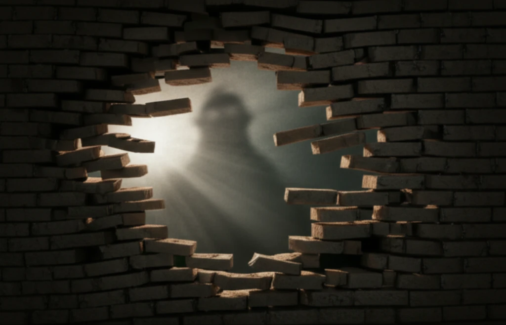 A crumbling brick wall symbolizes a healthcare system threatened by funding cuts and antimicrobial resistance.