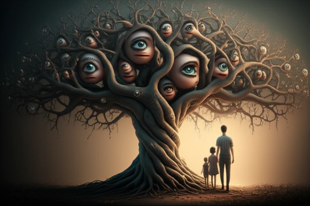 Family tree with interconnected eyes representing inherited eye diseases.