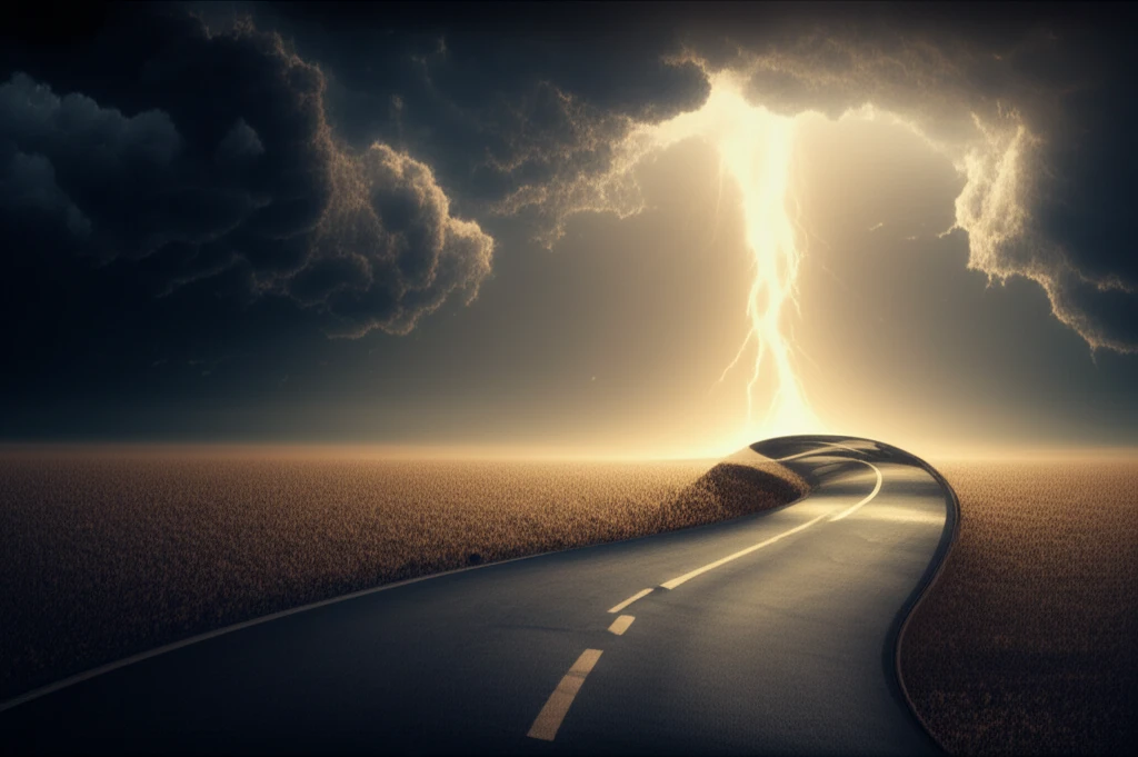 Winding road through digestive system with beam of light cutting through storm clouds
