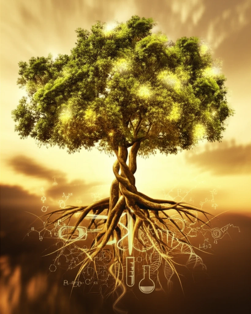 Surreal illustration of Acacia nilotica tree symbolizing natural stress relief.