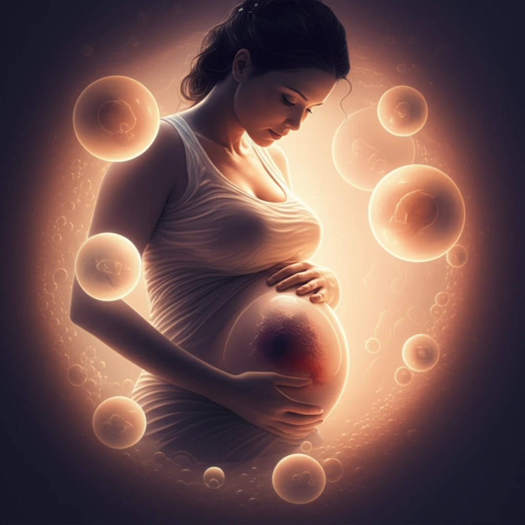 Protective orbs surrounding pregnant woman, representing healthy pregnancy and microbiome.