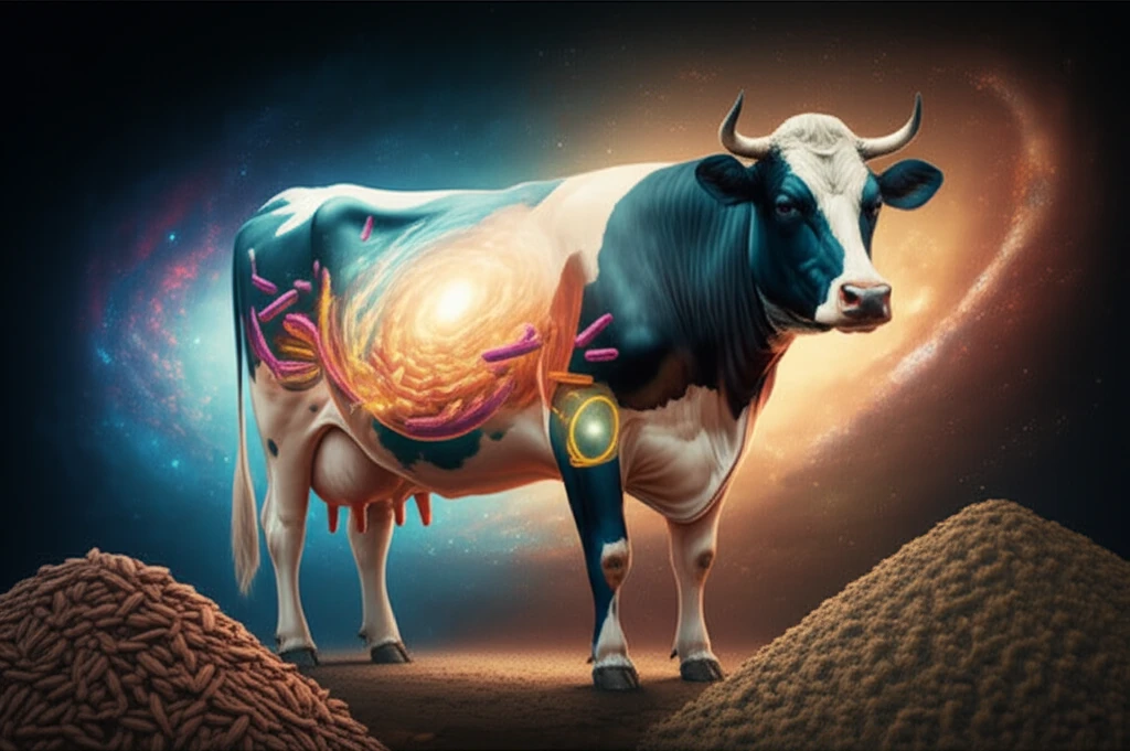 Surreal image of cow digestive system galaxy influenced by DDGS feed.