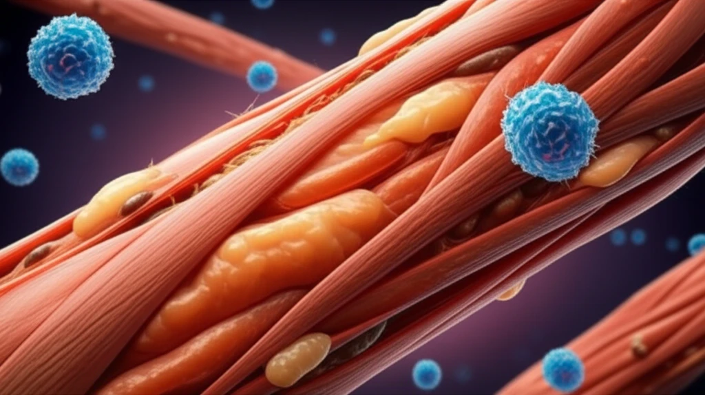 Macrophages interacting with muscle fibers, promoting regeneration and reducing fat accumulation.