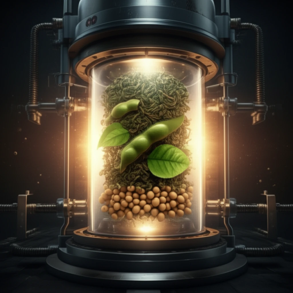 Soybeans and tea leaves compressed in a high-pressure chamber.