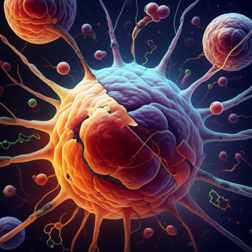 Illustration of myeloma cells with disrupted metabolism.