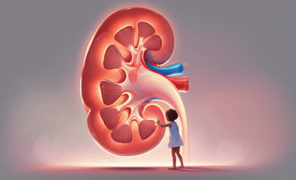 Illustration of a child interacting with a kidney, symbolizing kidney health and growth in children.