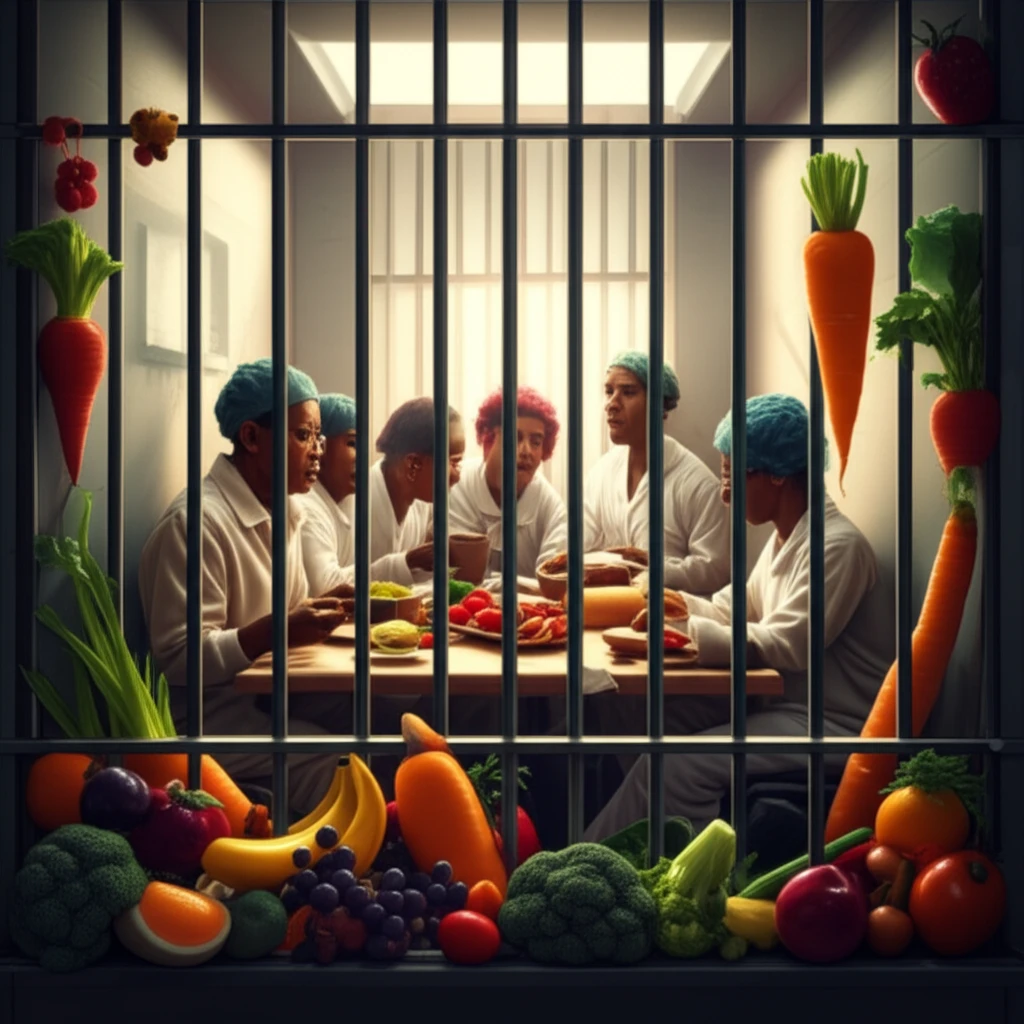 Surreal illustration of a prison cell with bars made of healthy foods, symbolizing nutrition and recovery.