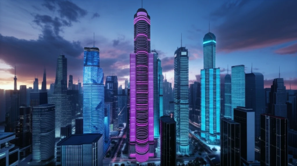 Futuristic city skyline with buildings reinforced by FRP composites