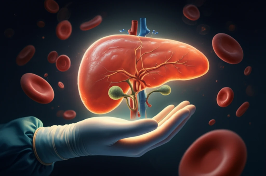 Surreal illustration of a surgeon with a pancreas and blood cells