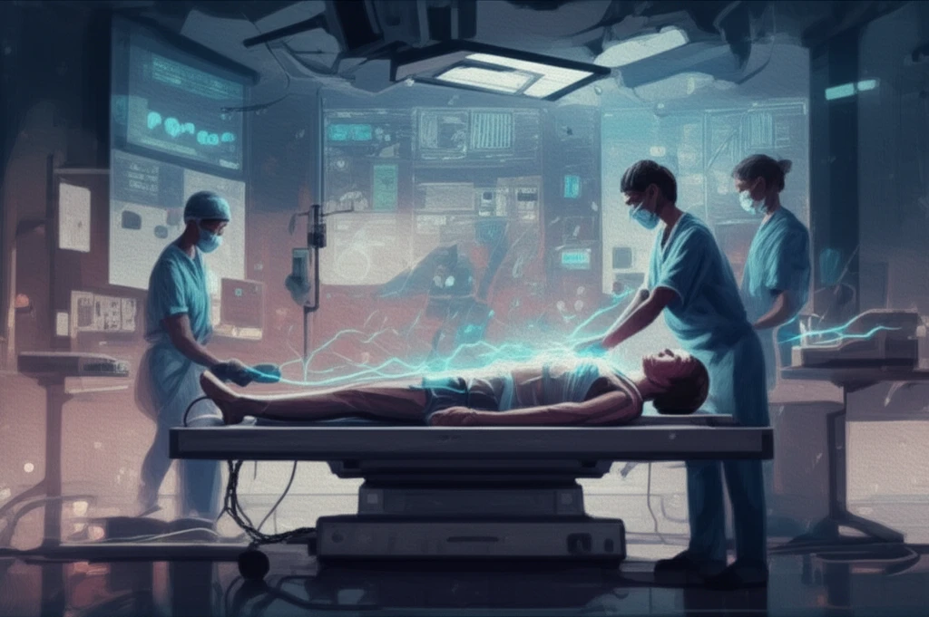 Medical students practicing CPR in a futuristic hospital.
