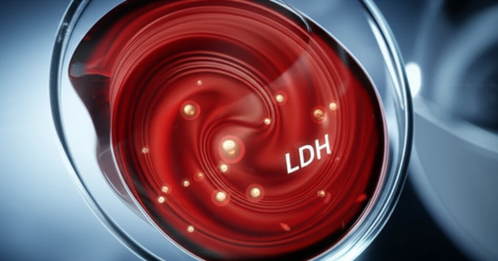 Surreal illustration of blood sample with myeloma cells and LDH symbol.