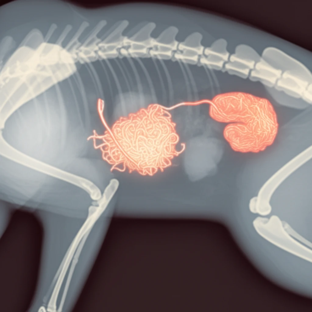 Digital illustration of a cat abdomen X-ray featuring a glowing 'spaghetti sign' indicating collateral blood vessels.