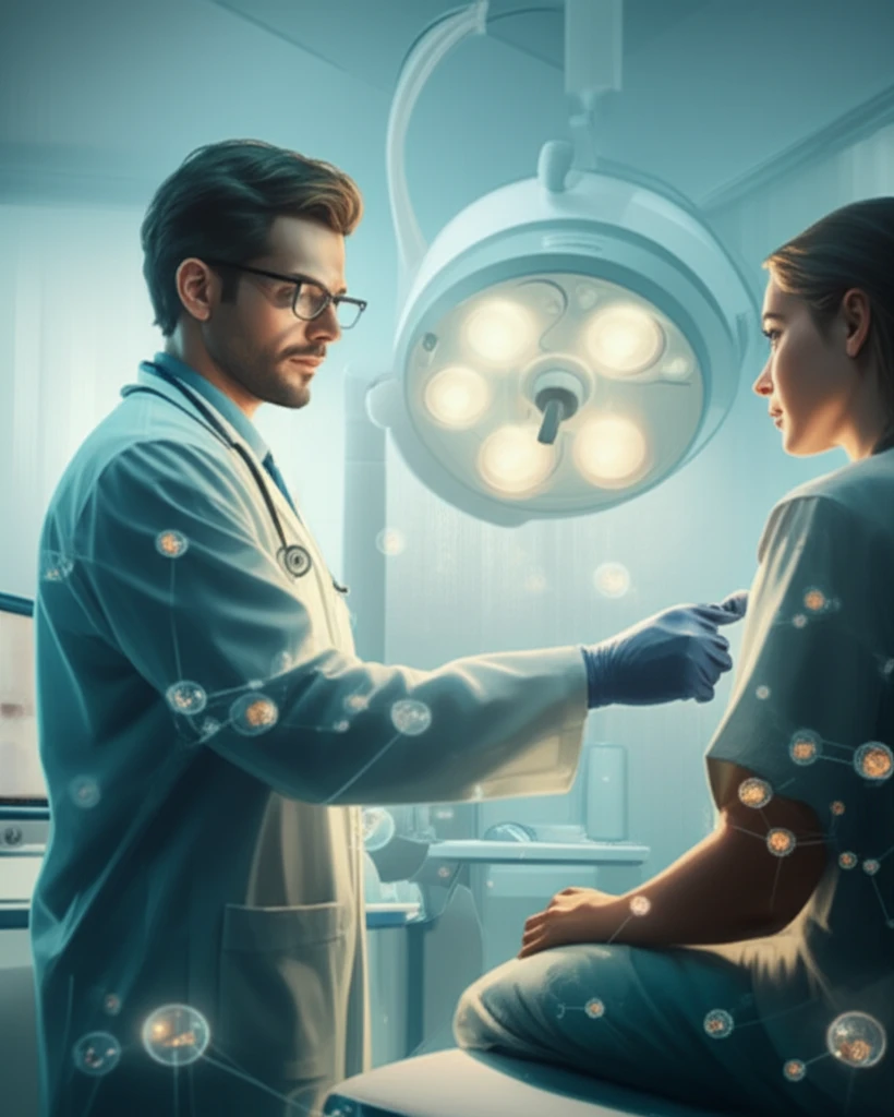 Doctor examining patient with quantum particles overlay.