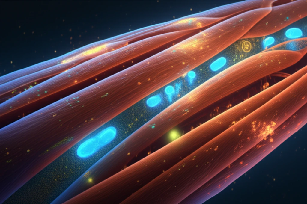 Microscopic view of muscle fibers with glowing proteins, highlighting different organelles.