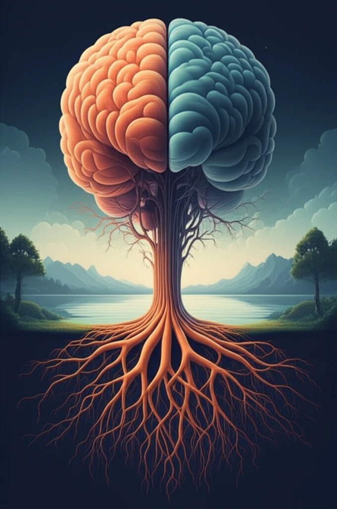 Brain with roots connecting to a landscape, symbolizing mental health and pain relief.