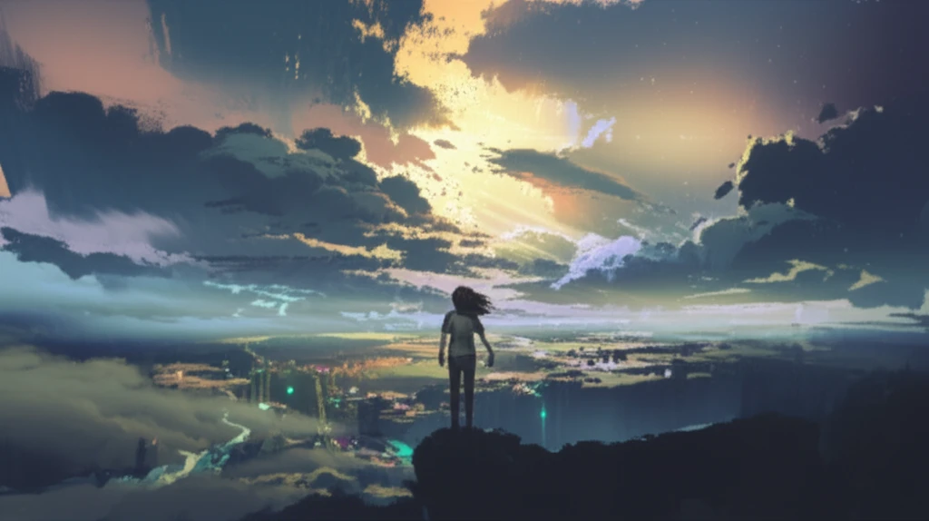 A young adult on a cliff with storm clouds parting, symbolizing hope and resilience.