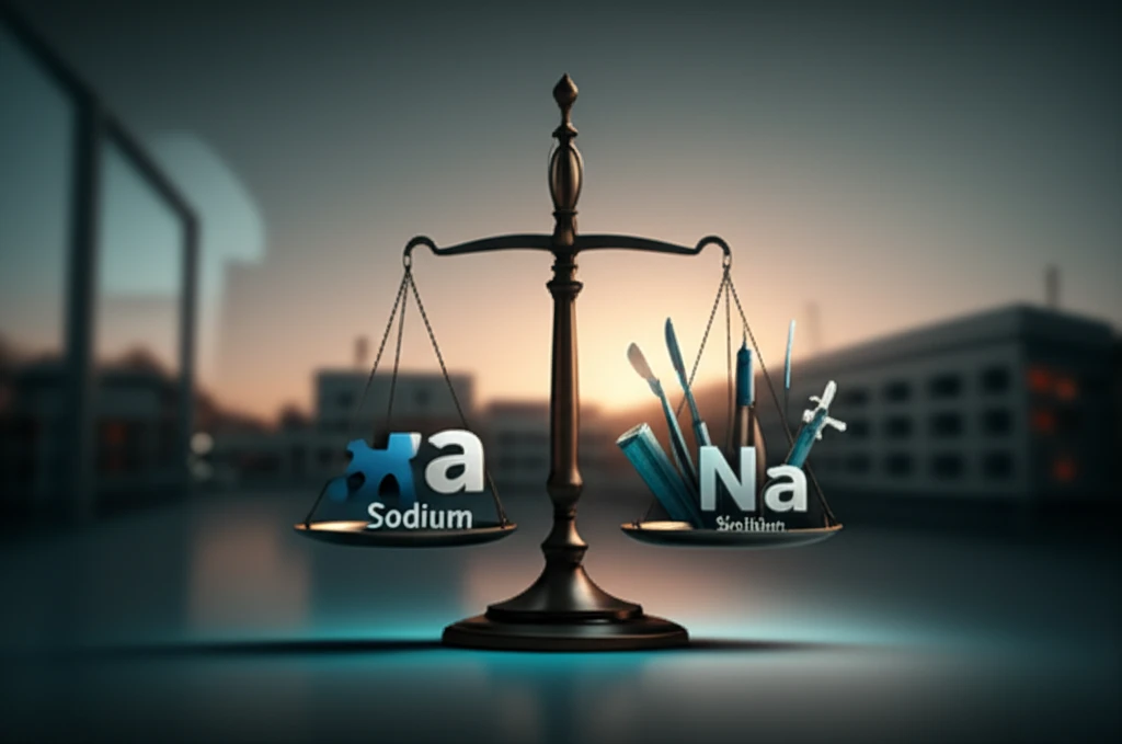Surreal illustration balancing sodium levels and surgical tools for optimal health.