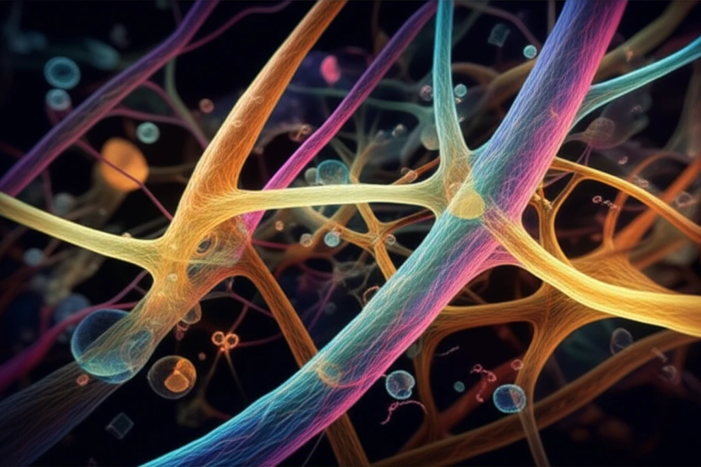 Cell interior with colorful, glowing microtubules