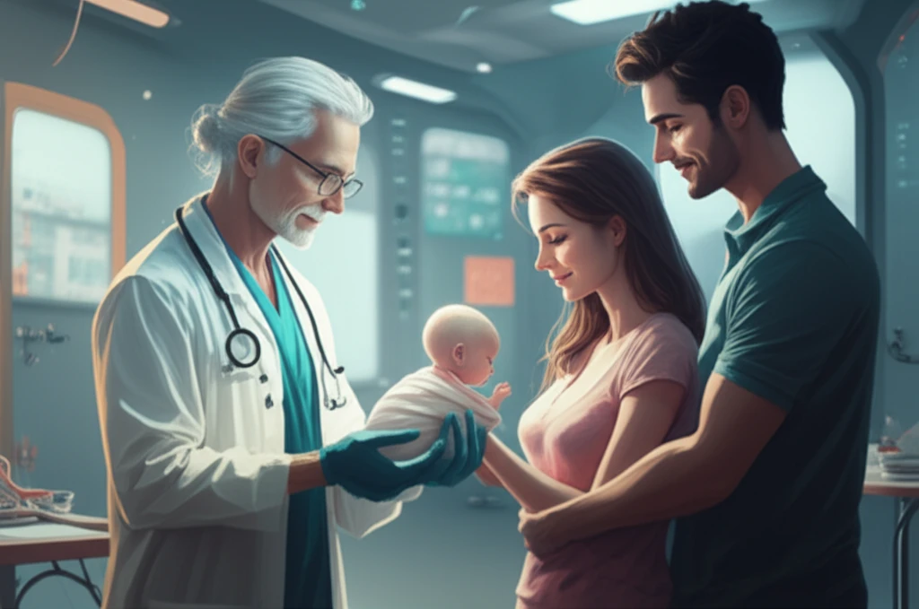 Doctor giving baby to couple surrogacy