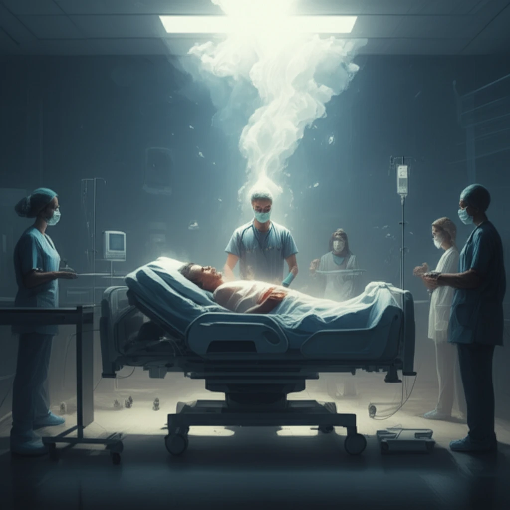 ICU bed fading away, surrounded by medical staff and family.
