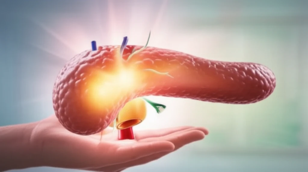 Stylized illustration of a pancreas emitting light, symbolizing relief from chronic pancreatitis pain.