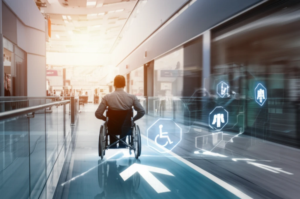 A person in a wheelchair using augmented reality for indoor navigation.