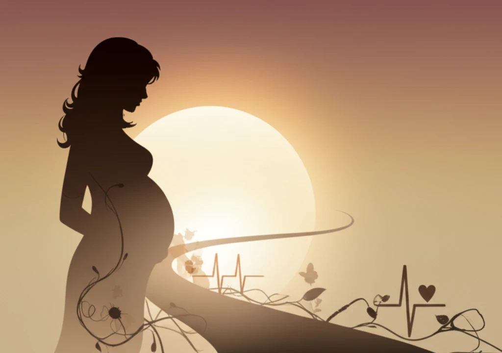 Pregnant woman on VBAC journey toward sunrise.