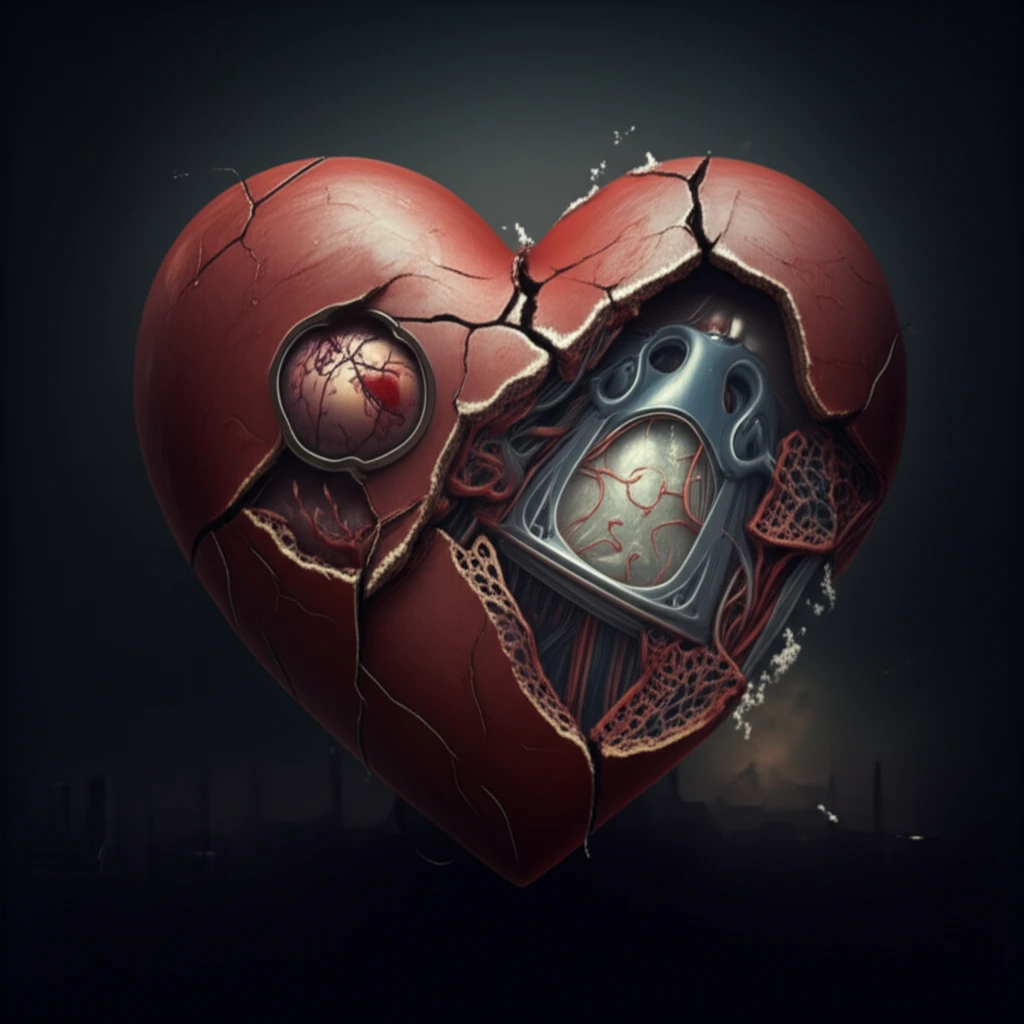 Surreal image of a heart damaged by cocaine, symbolizing aortic valve thrombosis.