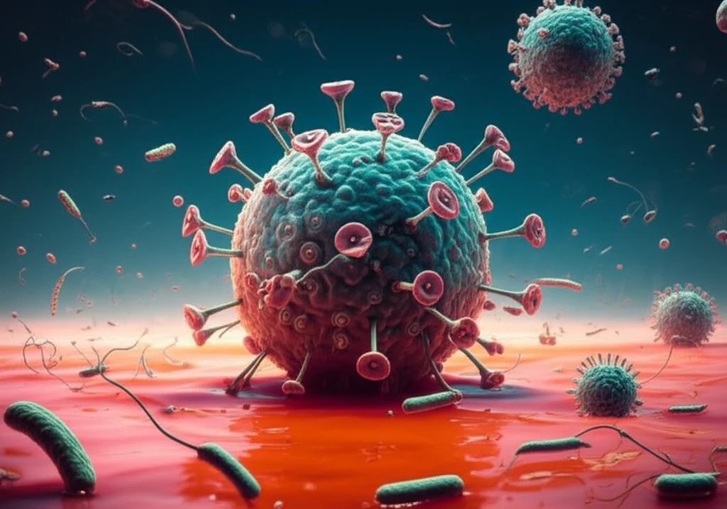 A giant virus in a primordial soup, surrounded by smaller life forms.