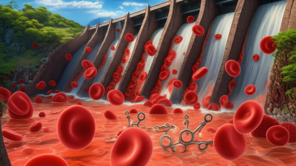 Illustration of a dam obstructing a river of blood cells, symbolizing portal hypertension, with NADPH oxidase molecules acting as keys.