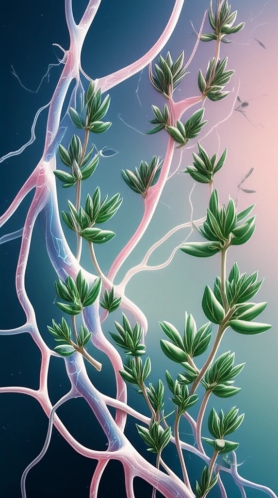 Thyme and neural pathways symbolizing natural treatment of MS.