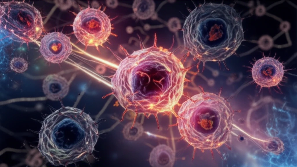 Microscopic battle scene of immune cells, heat shock proteins, and metabolic pathway representing sepsis.