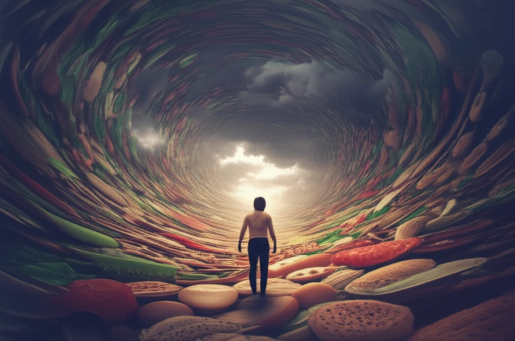 Surreal illustration of a person in a food vortex representing binge eating and stress.