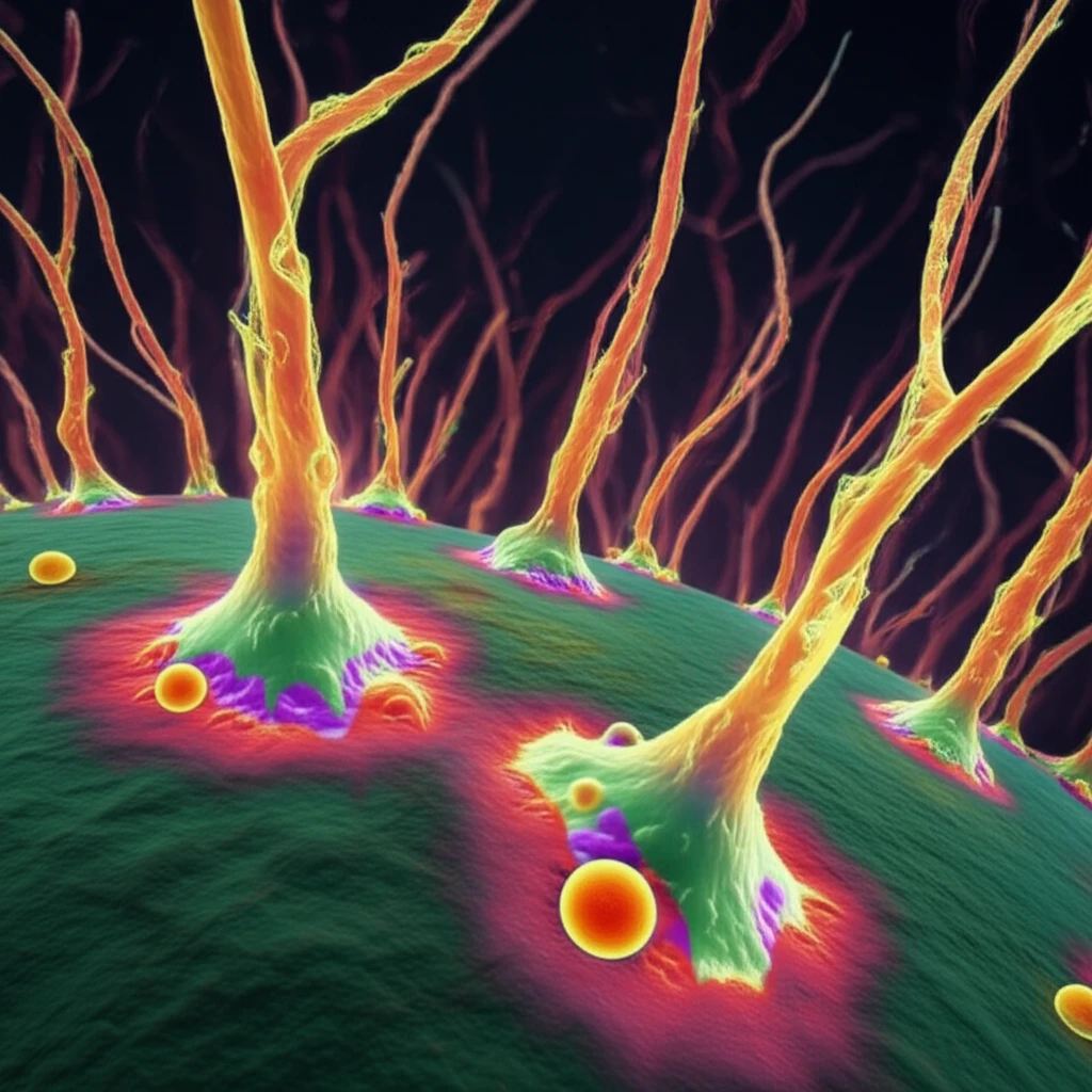Microscopic view of powdery mildew fungi consuming lipid molecules on a plant leaf.