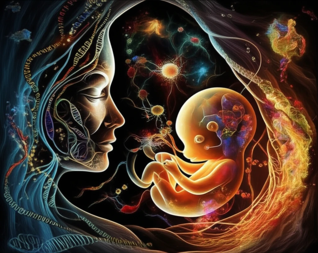 A mother's genetic contribution illustrated through a surreal depiction of mRNA and protein interaction.