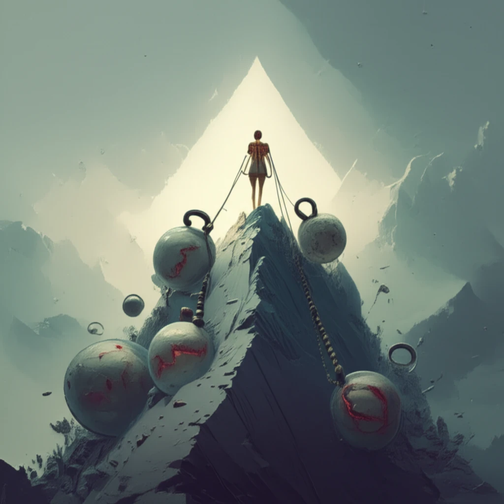 Person climbing a mountain with injury weights, symbolizing recovery.