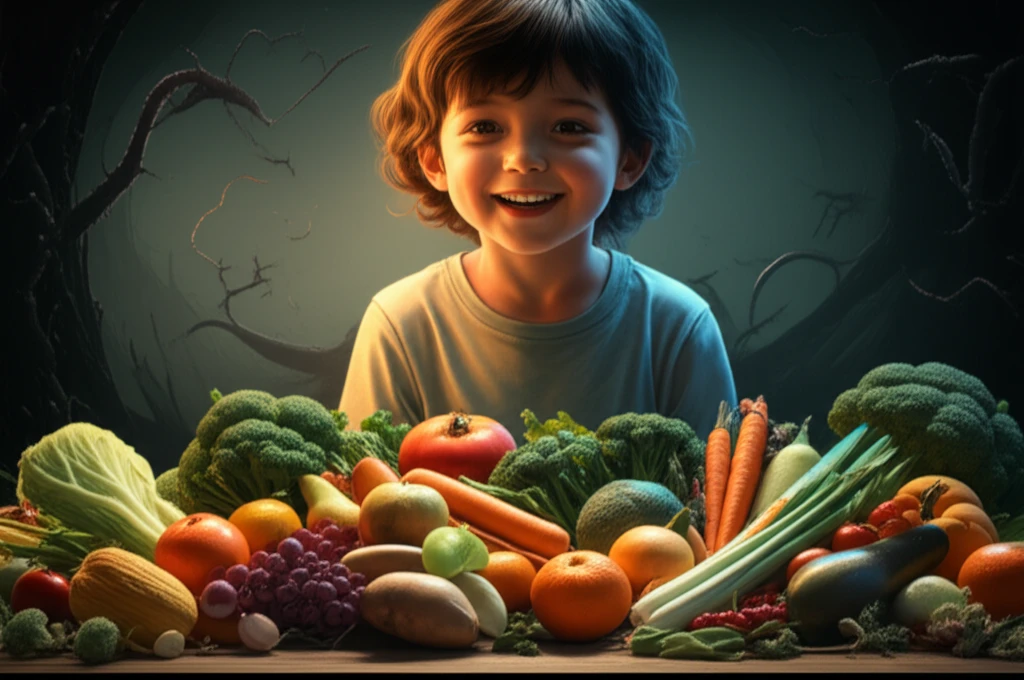 A child surrounded by nutritious food, with worm-like shadows suggesting hidden STH infections.