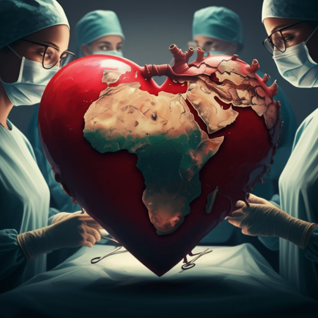 Stylized heart with African continent symbolizing cardiac surgery progress in West Africa.