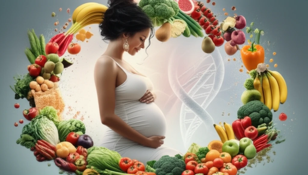Pregnant woman surrounded by healthy food, symbolizing healthy pregnancy choices.