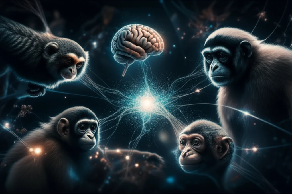 Digital illustration of primate brains interconnected by neural pathways, symbolizing accessible neuroscience data.