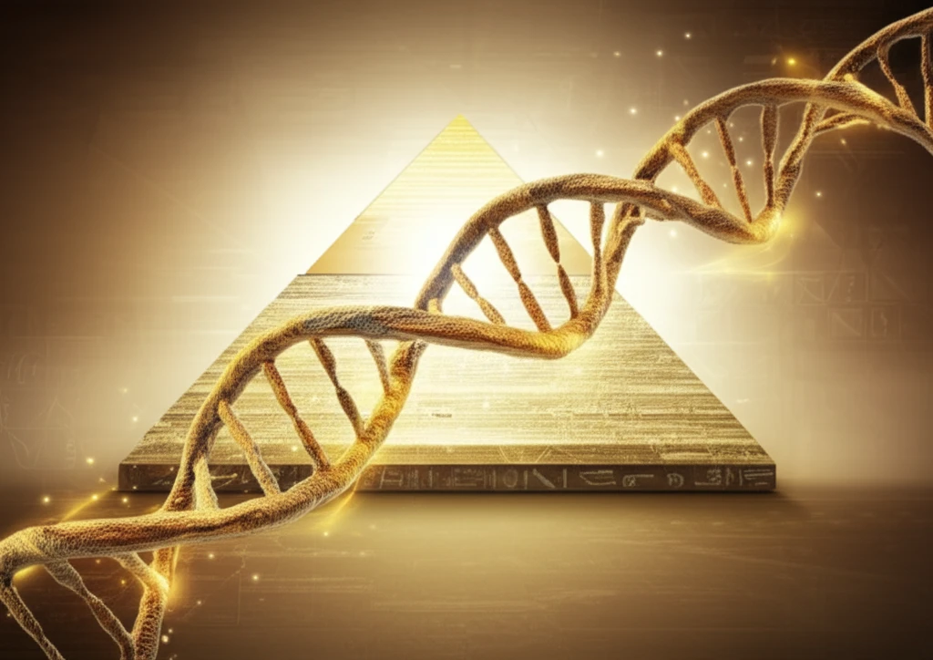 DNA strand and Egyptian pyramid symbolizing genetic research on thalassemia.